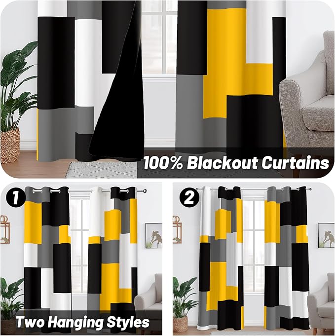 Tyrot Yellow 100% Blackout Curtains for Bedroom 72 inch Length 2 Panels Set White Grey Modern Abstract Geometric Black Out Curtains Insulated Room Darkening Window Drapes for Living Room, 42Wx72L