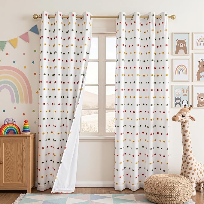 MEETSKY Colorful Pom Pom 100% Blackout Curtains for Girls Bedroom 90 Inch Long 100% Light Blocking Curtains for Living Room 2 Panels Room Darkening Grommet Double Layer Drapes 52W x 90L
