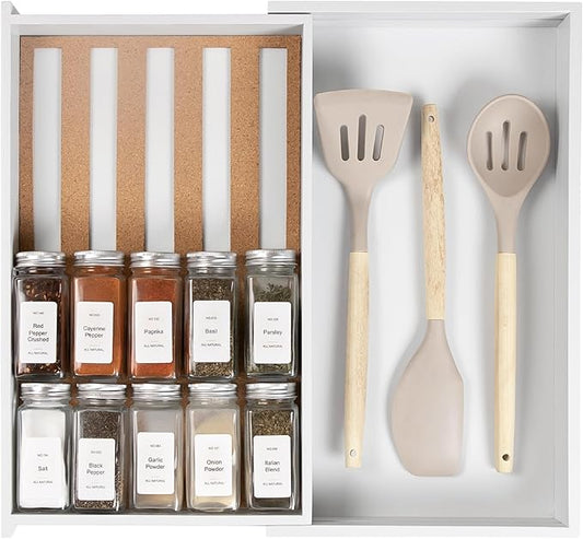 KitchenEdge Spice Drawer Organizer with Expandable Storage. Holds up to 15 Spice Jars (Not Included), Non-Slip Feet, Kitchen Accessory Storage, 100% Sustainable Bamboo Wood (White Bamboo)