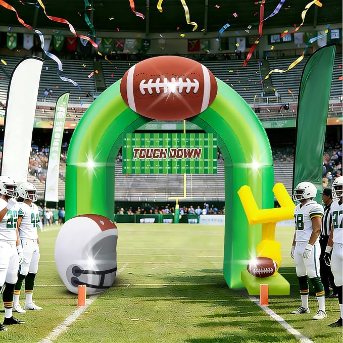 9FT Football Party Decorations for Game Day Blow Up with Helmet Built in LED Lights Goal Post for Yard Giant Balloon Photo Prop for Gift Light Green Football Inflatable Arch