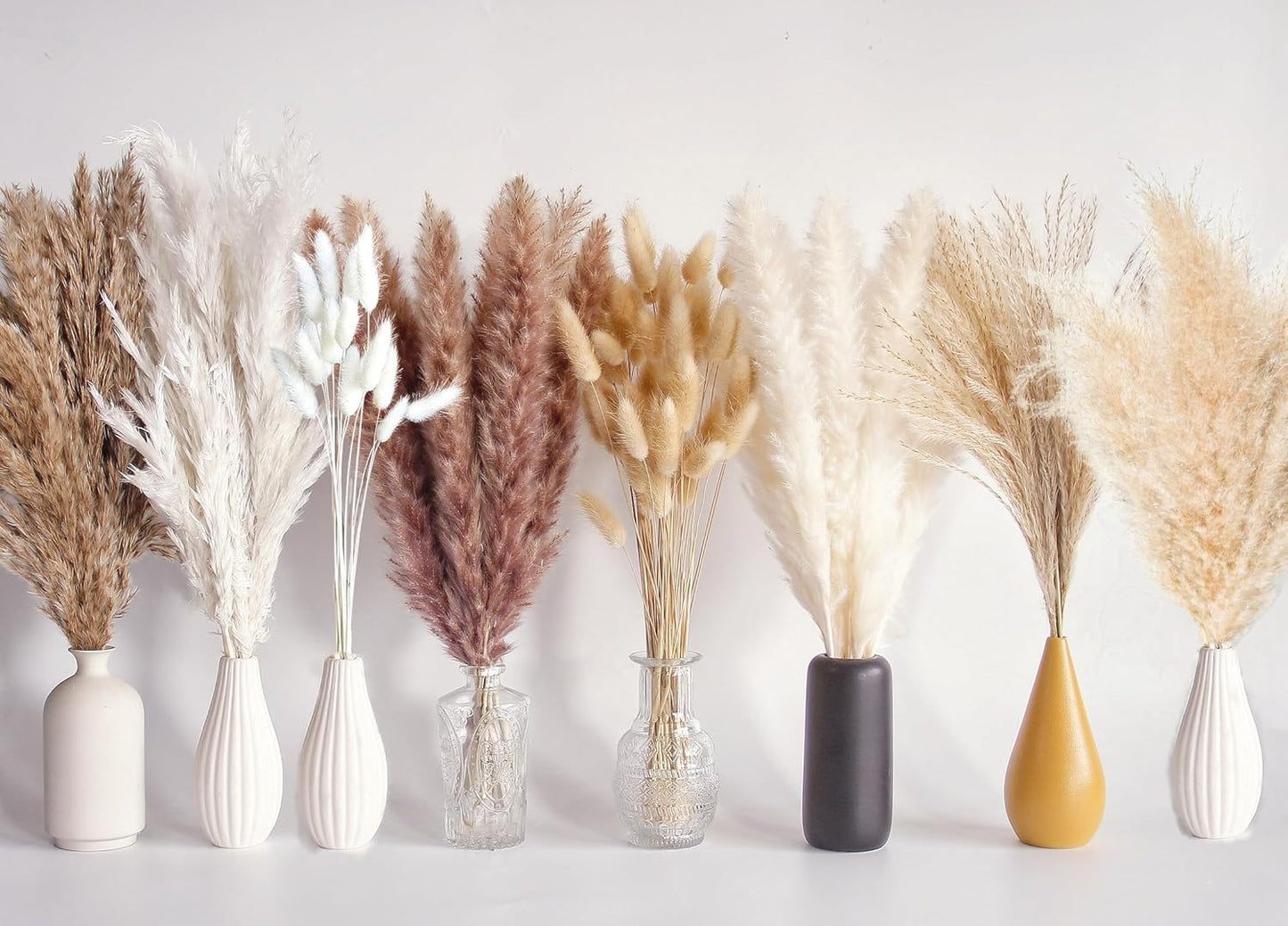 130 PCS Dried Pampas Grass Bouquet, Boho Table Decor, Bunny Tails Dried Flowers, Brown Pampas, Fluffy Pompas, White Pampas Grass for Weddings, Home Decor, Rustic Parties, and Baby Shower Decorations