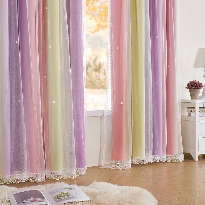 XiDi Yellow Curtains for Bedroom Decor Blackout Pink Curtains for Girl Kids Room Rainbow Unicorn Wall Decals Purple 52X84 Inch Long 1 Panel