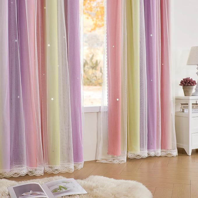 XiDi Curtains for Bedroom Decor, Rainbow Pink PurpleYellow52/45/1