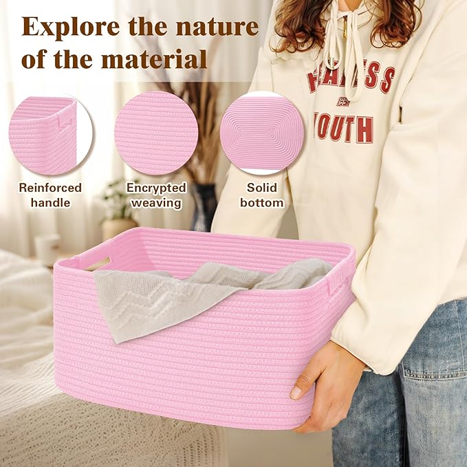 4 Pack Large Storage Basket for Organizing, 17.5"x13"x7" Woven Basket for Shelves, Closet Cube Storage Bins with Wrapped Handle, Cotton Rope Baskets for Kitchen, Clothes, Toys(Light Pink)