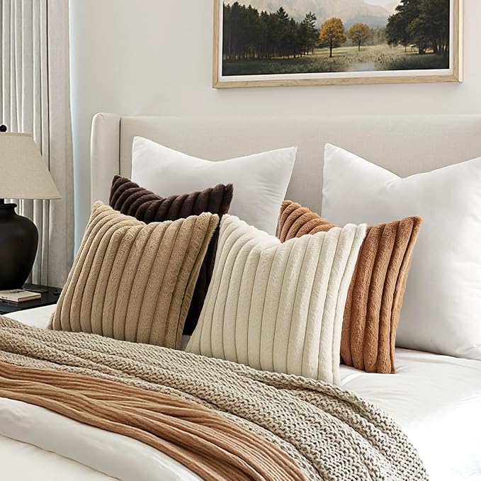 MIULEE Faux Fur Plush Decorative Throw Pillow Covers 20x20 Set of 4, Boho Fall Farmhouse Soft Fuzzy Striped Cushion Covers for Sofa Couch Bed Living Room Vintage Rustic Home Decor,Brown
