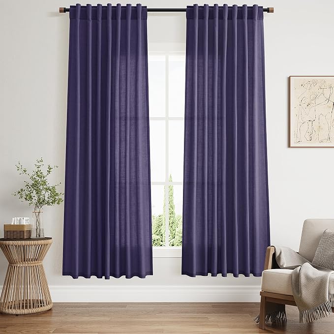 Purple Linen Curtains 72 Inch Long for Living Room Bedroom Lightweight Door Drapes 2 Panels Set, Semi Sheer Light Filtering Back Tab or Rod Pocket Curtain,52x72