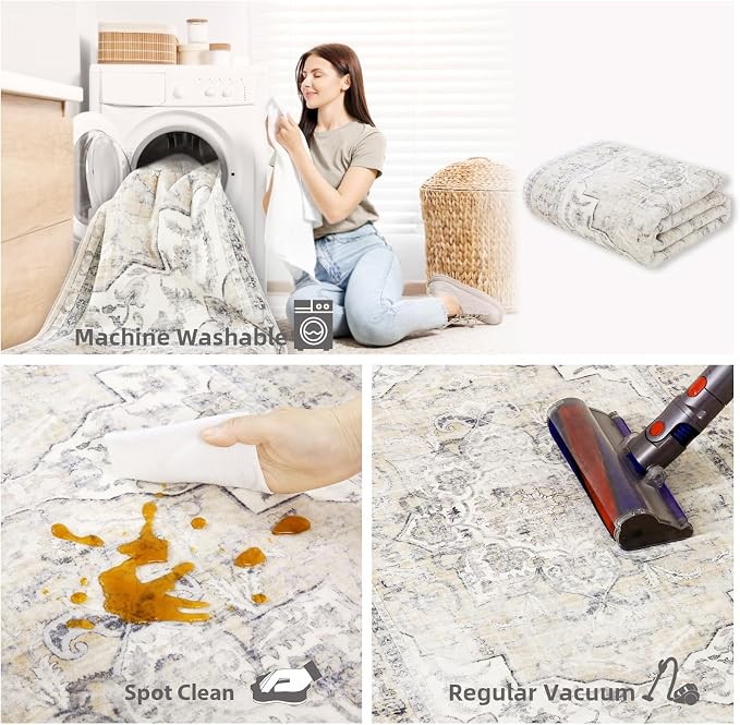 4x6 Washable Area Rugs for Bedroom: Small Living Room Rug with Non Slip Backing Low Pile Soft Faux Wool Distressed Vintage Floral Throw Rugs for Kitchen Entryway Office Dorm Nursery Enytry Indoor