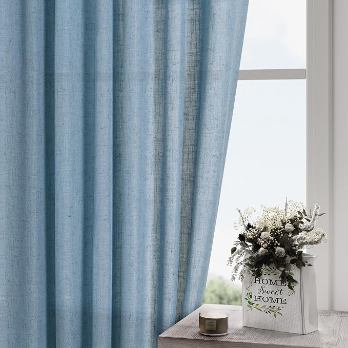 Nanspring Blue Linen Curtains for Living Room 2 Panels Set Extra Long Back Tab Light Filtering Semi Sheer Curtain Drapes for Bedroom Neutral Farmhouse Ceiling to Floor for Large Window 52x100