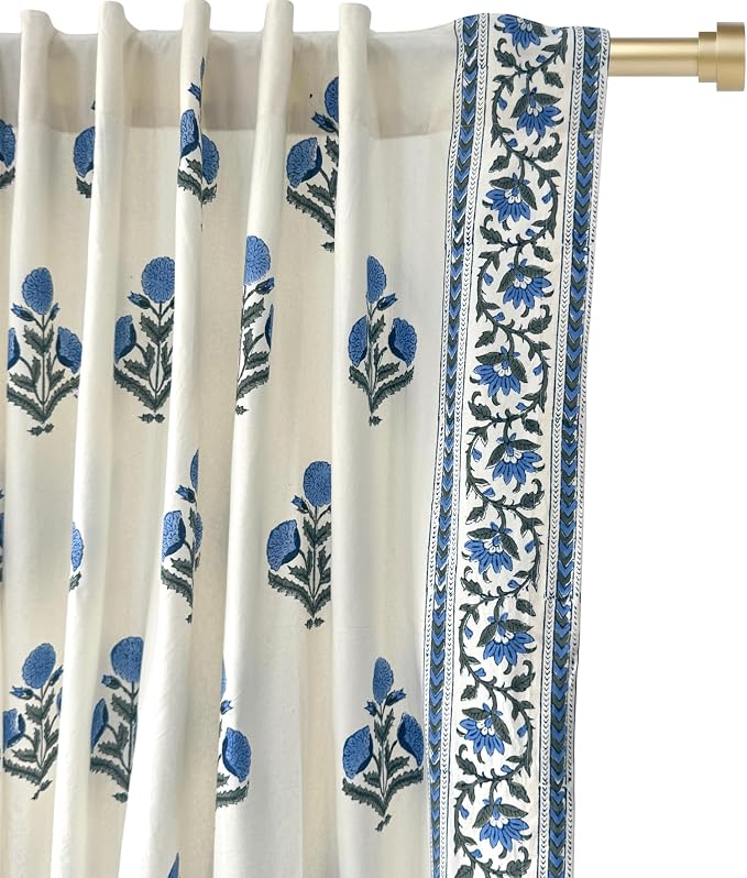 ATOSII 100% Cotton Single Panel Block Print Curtain, Easy Hanging with Rod Pocket & Loop, Living Room, Dining Room, Bedroom Light Filtering Boho Curtains, Set of 1, 60" W X 96" L, Flora Blue Poppy