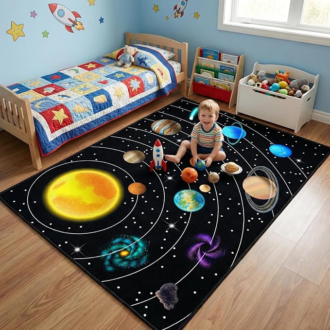 Solar System Galaxy Rug for Boys' Room - Space Carpet, 4'x5'