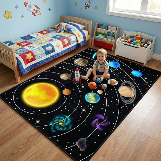 Solar System Galaxy Rug for Boys' Room - Space Carpet, 4'x5'