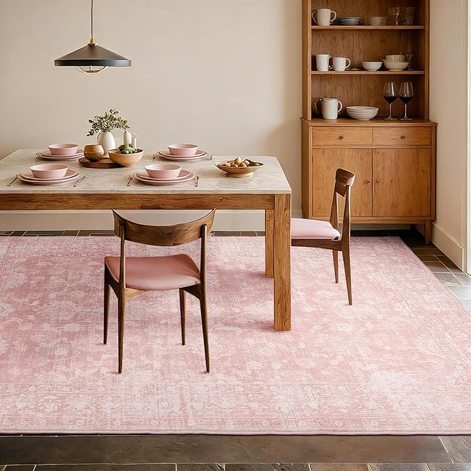 FROZZUR Boho Pink Area Rug 6x9 Large Vintage Rug for Living Room Bedroom Dining Table, Non Slip Distressed Washable Rugs for Home Office Decor Pink