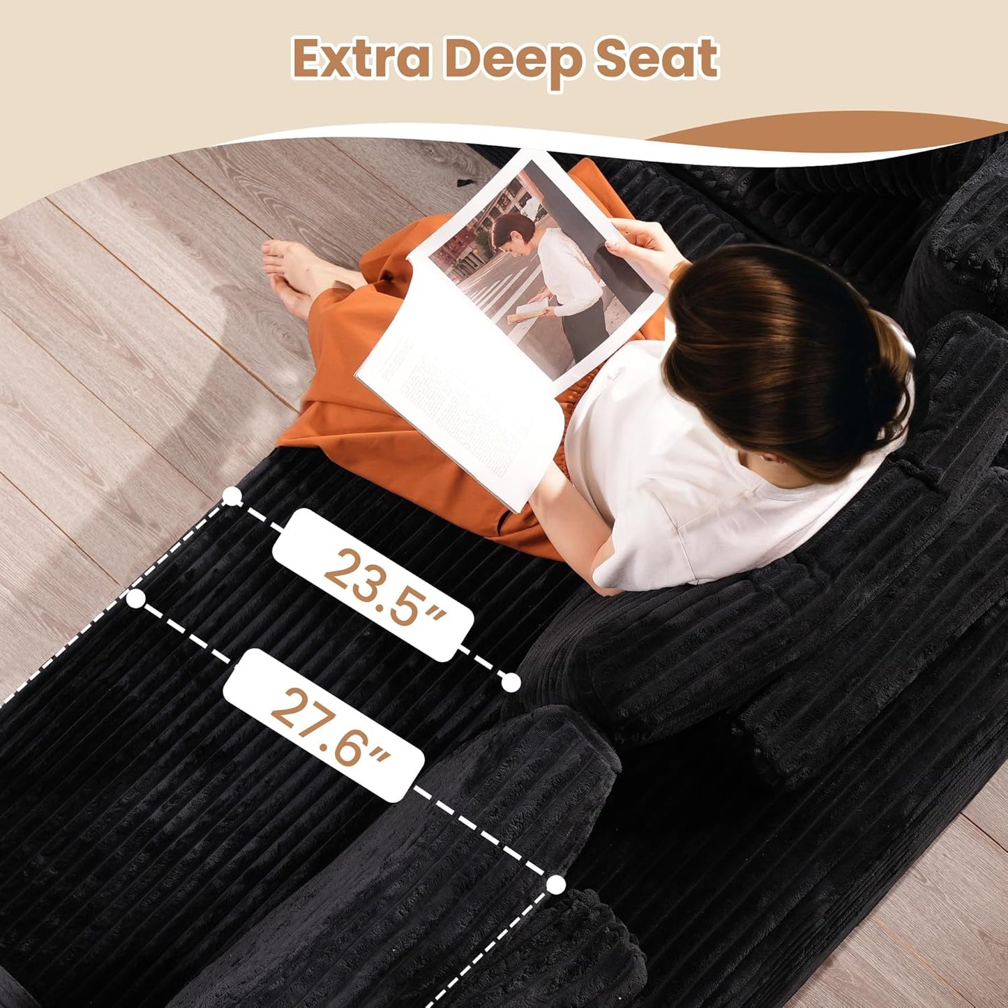 HOOOWOOO Cloud Sectional Couches for Living Room,Modular Sectional Sofa No Assembly,Plush Corduroy Large Floor Couch Furniture Set with Deep Seat Left Chaise L Shape(Black)