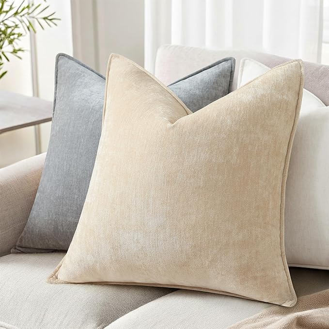 decorUhome Fall Couch Euro Sham Throw Pillow Covers 26x26 Set of 2, Decorative Soft Velvet Modern Cozy Chenille Pillow Cases with Elegant Design for Sofa Bed Living Room Home Decor, Beige