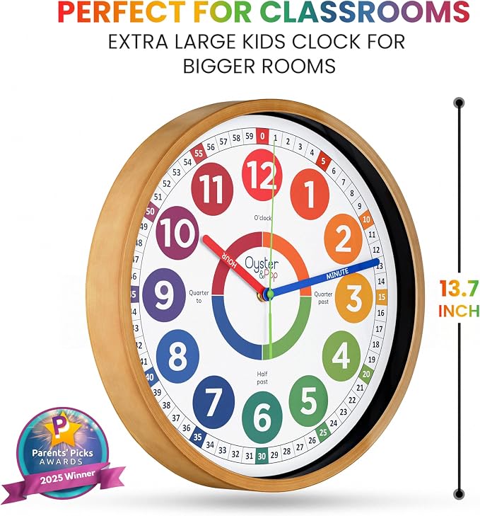 Oyster&Pop Kids Clock - Silent 14" Analog Learning Wall Clocks - Award-Winning Telling Time Teaching Clock for Kids - Large for Classrooms Homeschool & Bedrooms - Includes eBook