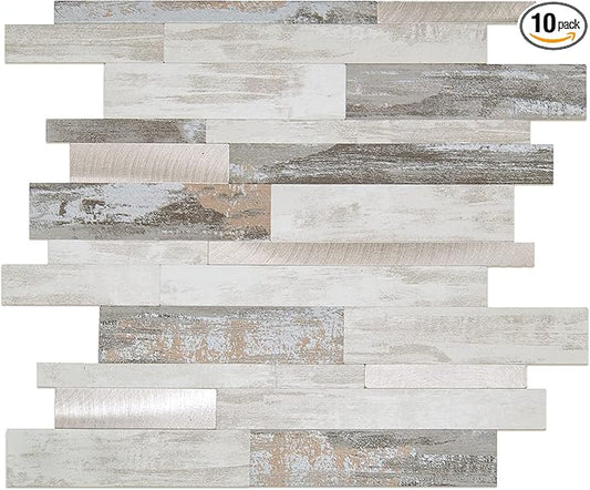 KASARO Peel and Stick Marble Backsplash Tile, 10 Sheets, Collage Marble with Printed Stone Pattern, Self-Adhesive Wall Tile for Kitchen, Bathroom, Fireplace, RV (11.8” x 14”)