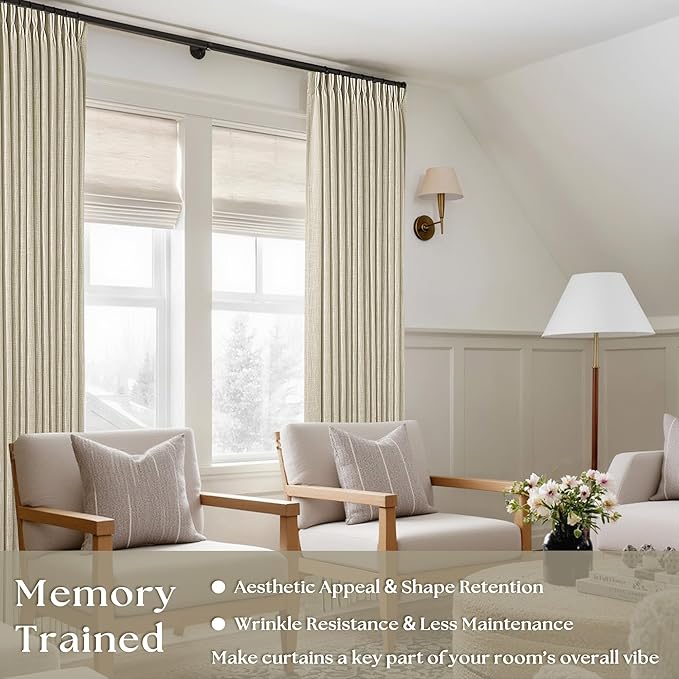 TWODRAPES Linen Pinch Pleated Linen Curtains 2 Panels for Living Room Bedroom Memory Training Shaped Semi Sheer Pleat Drapes with Hooks Rings Light Filtering Window Curtain 40x45