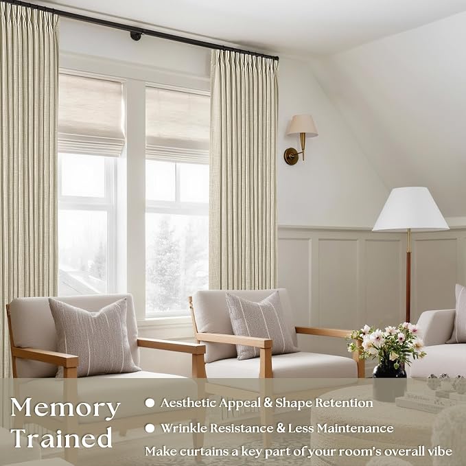 Beige 100 Inch Pleated Linen Curtains 2 Panels for Living Room Bedroom Memory Training Shaped Semi Sheer Neutral Light Tan Flax Burlap Pinch Pleat Drapes Hooks Rings Light Filtering Window Curtain