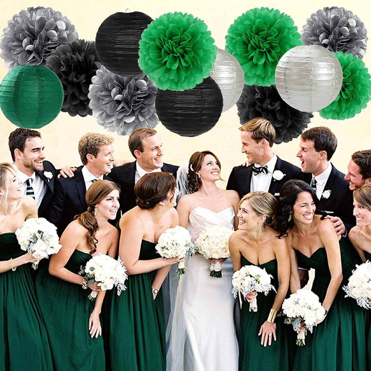Green-Black Silver Party-Decorations Paper Flowers Lanterns - 15PCS Football Game Day Birthday Tissue Pom Poms Streamers, Bachelorette New Years Hanging Supplies Decor Hugfond
