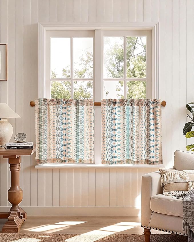 Miss Adola Boho Kitchen Tier Curtains - 24 Inch Length Linen Blend Cafe Curtains Farmhouse Small Window Treatments Over Sink Rod Pocket for Bathroom Living Room Light Filtering, 2 Panels