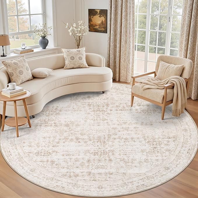 Round Area Rug for Living Room: 6ft Washable Vintage Boho Soft Thin Circle Rug Indoor Floor No Slip Stain Resistant Carpet for Bedroom Dining Room Farmhouse Nursery Home Office -Beige Brown