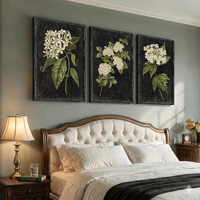 Vintage Framed Hydrangea Floral Wall Art for Living Room, 3 Piece Large Retro Botanical Canvas Print Paintings, Dark Black Classic Flower Pictures Artwork Decor for Bedroom Hallway 24x36 Inch