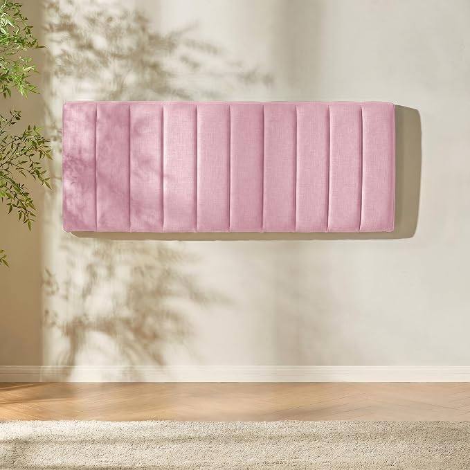 Hearth & Harbor Upholstered Full Headboard - Easy Assemble Channel Stitched Headboard Full Size - Wall Mounted Headboards with 3D Soundproof Wall Panels Peel & Stick Floating Headboards, Pink