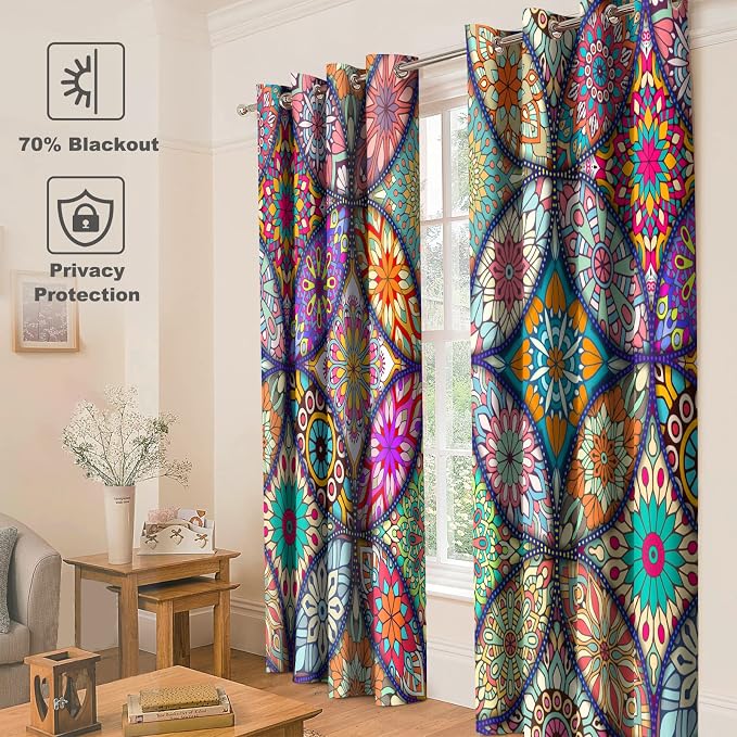 Jekeno Colorful Mandala Blackout Curtains - Blocking Window Drapes Colorful Mandala Decor Home Bedroom Living Room Grommet Window Drapes 2 Panel Set, 42" x 54"