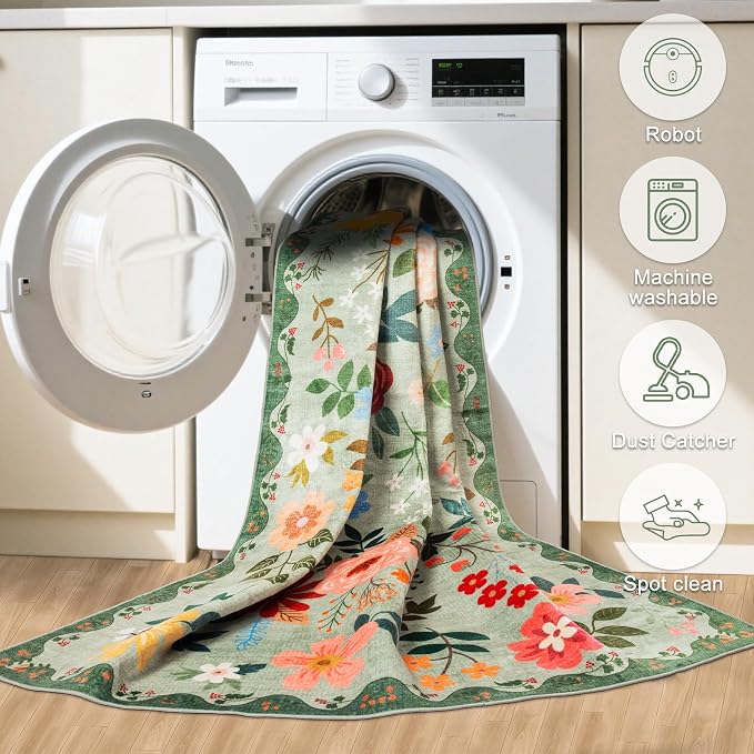 Runner Rug for Entryway: 2.6x10 Kitchen Rugs Non Slip Washable Ultra-Thin Soft Floral Carpet Indoor Floor Stain Resistant Carpets for Hallway Bedroom Kitchen Laundry Bathroom Dorm Green
