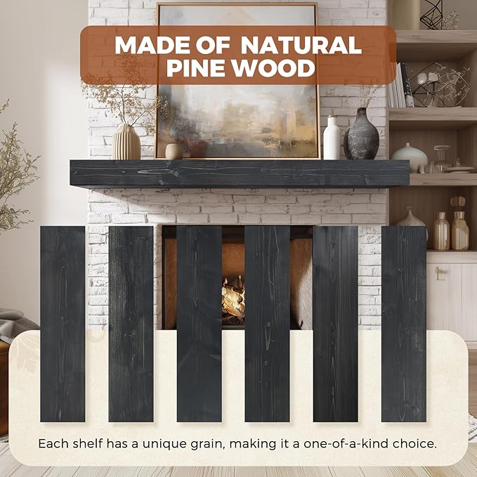 56x8x3 Fireplace Mantel - Handcrafted Hollow Rustic Solid Wood Wall Mounted Floating Shelf with Invisible Heavy Duty Wood Bracket (Weathered Black)