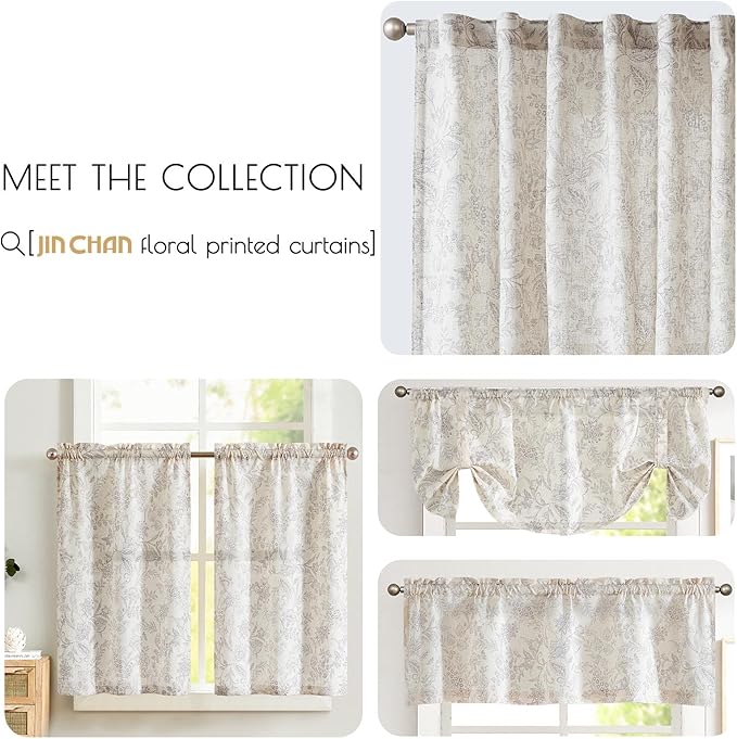 jinchan Floral Linen Blend Curtains for Living Room Verbena Grey French Country Farmhouse Curtains 63 Inches Long Light Filtering Window Back Tab Semi Sheer 2 Panels