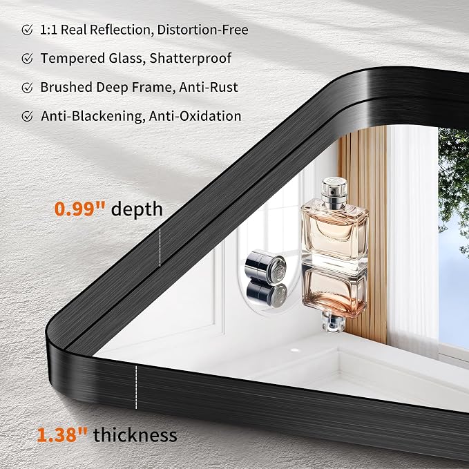 CIRCUMI Black Bathroom Mirror, 42"x42" Rectangular Mirror with Deep Metal Frame, Rounded Corner, Tempered Glass, Mirror for Wall, Oversink, Bedroom, Installed Vertically/Horizontally, Crystal-Clear