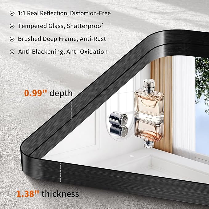 CIRCUMI Black Bathroom Mirror, 36"x60" Rectangular Mirror with Deep Metal Frame, Rounded Corner, Tempered Glass, Large Mirror for Wall, Over 2 Sinks, Installed Vertically/Horizontally, Crystal-Clear