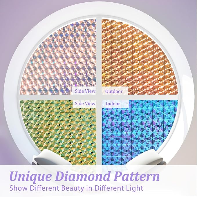Windimiley Stained Glass Window Privacy Film, Rainbow Clings, 17.5" x 118.1 | 3D Diamond Decorative Window Film,Static Cling No Glue Removable, UV Heat Blocking,Renter Friendly for Bathroom Bedroom Door