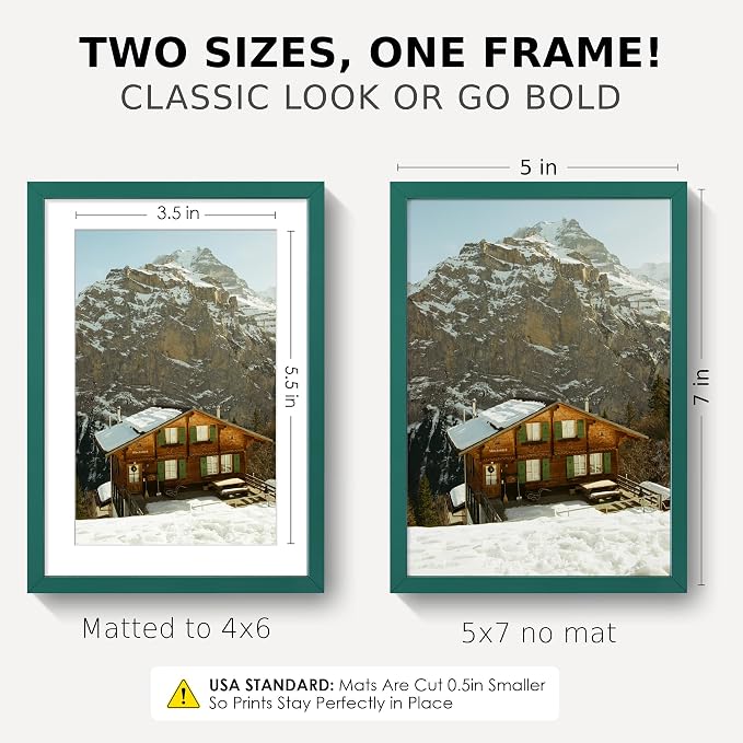 5x7 Dark Green Picture Frame for 4x6 Photo, Aluminum Frame, Dark Green | Deep Green Metal Wall Frame for Gallery, Desk, or Gift Giving | Shatterproof Glass & Wall Kit, Minimalist