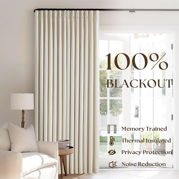 Pleated Cream Beige Linen Blackout Curtains for Bedroom 90 Inch Length 2 Panels Pinch Pleat Back Tab Neutral Farmhouse Living Room Darkening Curtains Track System Thermal Insulated Black Out Drapes