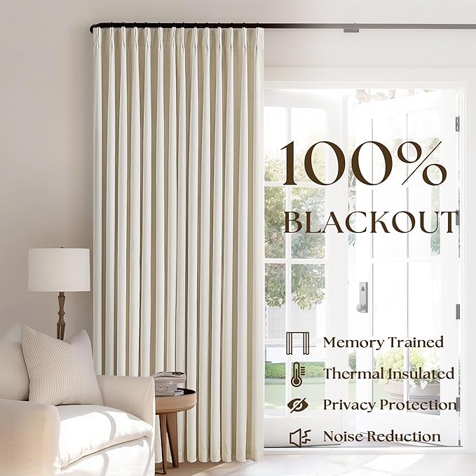 Cream Beige Linen Blackout Curtains Pinch Pleated 102 Inches Long for Bedroom Memory Shape Back Tab Flax Linen Curtains Blackout Farmhouse Full Light Blocking Thermal Insulated Drapes 2 Panels Set