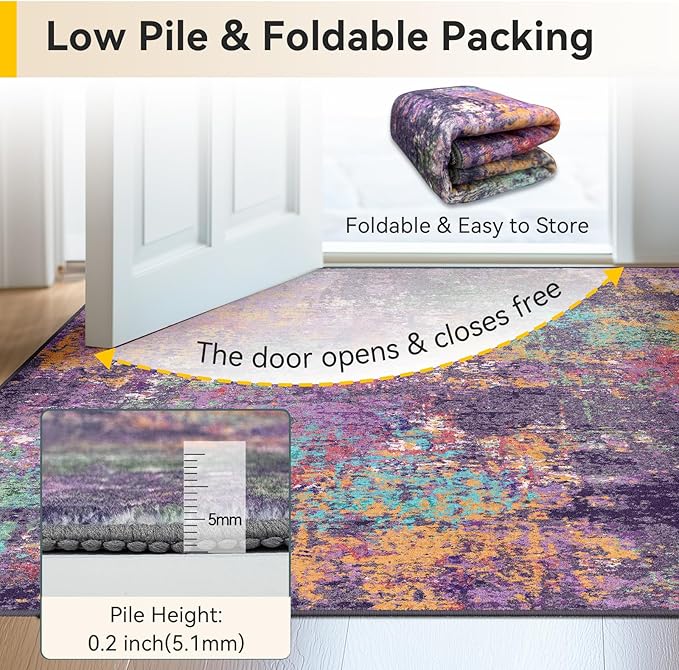 RELEANY Washable Area Rugs 2'x8' Non-Slip Modern Abstract Soft for Living Room Entryway Bedroom Kitchen, Print Pattern, Purple Orange Blue Green Rust Red Colorful