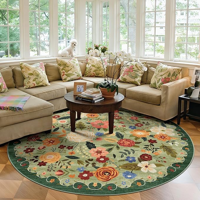 6ft Round Machine Washable Area Rug for Living Room, Light Green Vintage Boho Floral Rug Non-Slip Low Pile Soft Faux Wool Carpet Kids and Pets Friendly for Bedroom Nursery Farmhouse Home Decor Rug
