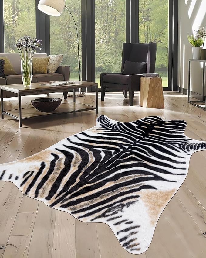 Zebra Print Rug for Living Room, Faux Fur Zebra Hide 6.2x8.2 Feet Animal Skin Rug for Bedroom Nursery Black and White