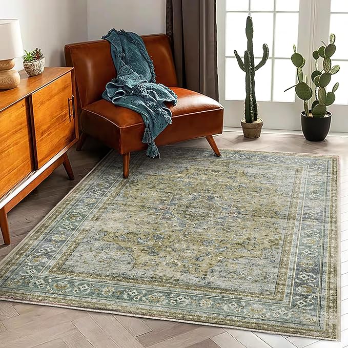 CHAMPLANT Area Rug 5'x7' Washable Rug Vintage Traditional Floor Cover Thin Retro Kitchen Indoor Distressed Non Slip Carpet for Living Room Bedroom Dining Room