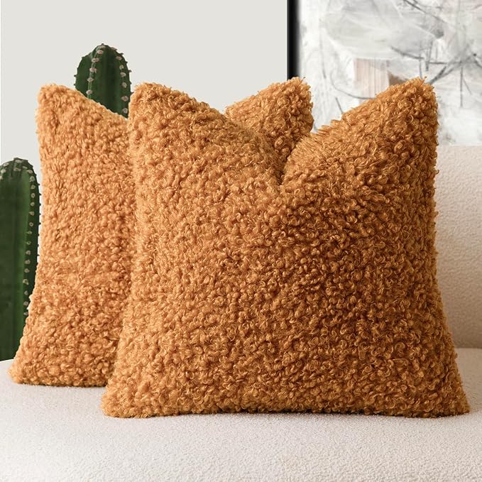 Foindtower 2 Pieces 16x16 Inch Orange, Faux Fur Throw Pillow Cover Accent Sherpa Furry Pillow Covers Fuzzy Soft Pillowcases Cozy Sheepskin Decorative Fleece Cushion Case for Bed Couch Living Room