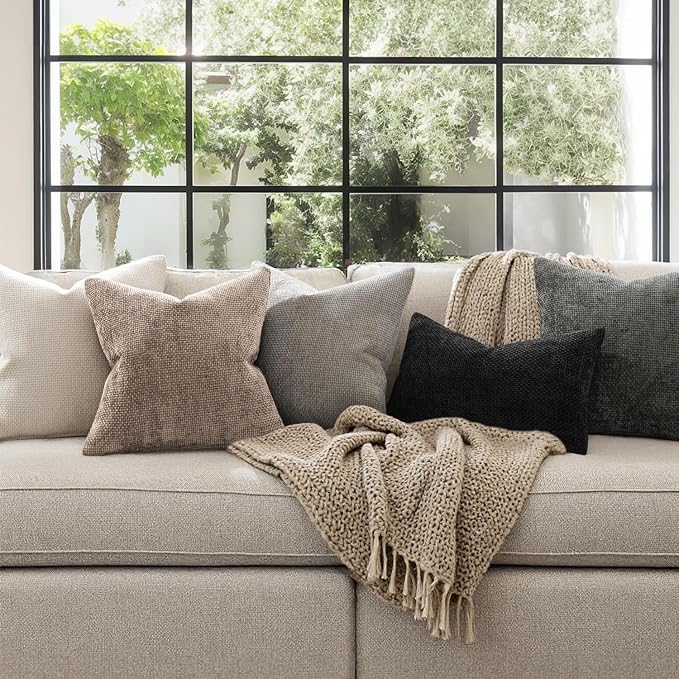 MIULEE Pack of 2 Couch Throw Pillow Covers 22x22 Inch Neutral Light Khaki Boho Accent Decorative Pillow Covers Soft Chenille Farmhouse Cushion Covers for Home Decor Bed Sofa Living Room