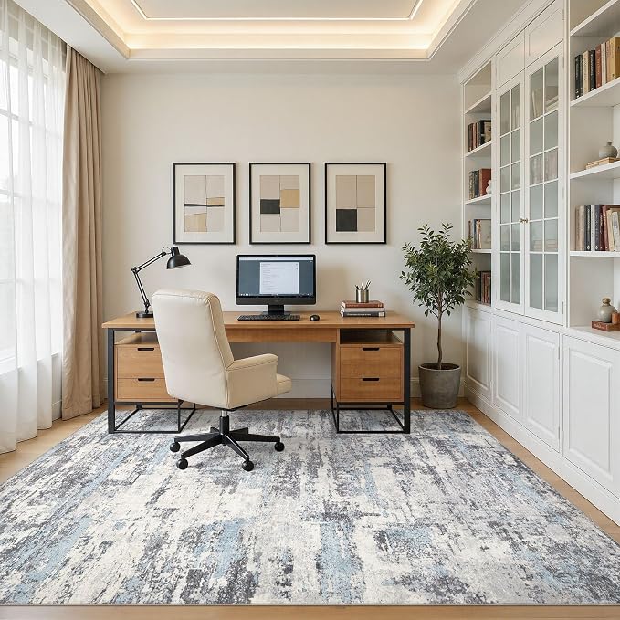 Area Rugs for Living Room: 10x13 Abstract Washable Rug Modern Neutral Large Soft Stain Resistant Non-Slip Backing Machine Table for Bedroom Dining Room Indoor Home Office Carpet - Blue Grey