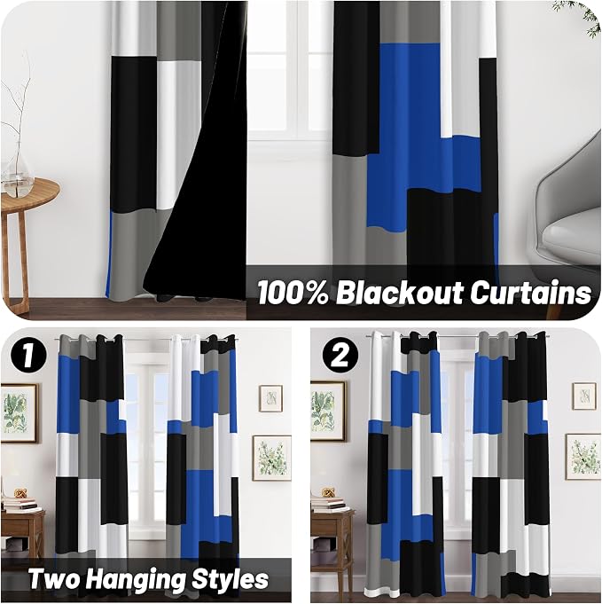 Tyrot Royal Blue 100% Blackout Curtains for Bedroom 84 inch Long 2 Panels Set Modern Abstract Geometric Black Out Curtains Blue Gray Insulated Room Darkening Window Drapes for Living Room, 52Wx84L