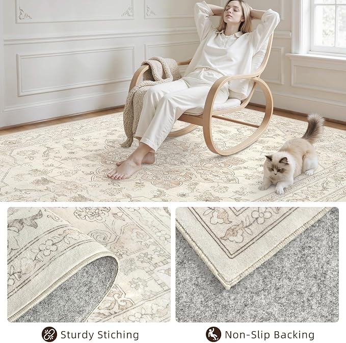4x6 Area Rugs for Living Room: Vintage Boho Neutral Washable Rug Indoor Soft Large Area Rug Carpet for Bedroom Nursery Farmhouse Dining Room Office Floor Non-Slip Low Pile Under Table Rug Beige White