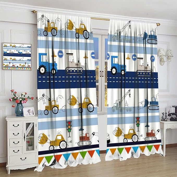Cartoon Car Window Curtain,for Kids Boys Cute Bus Tree Floral Home Decor Rod Pocket Bedroom Cafe Dining Room Living Room Kitchen Office Nursery Drapes, 42x45 in