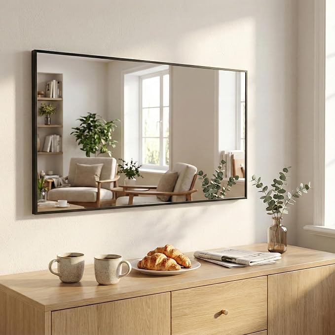 48"x30" Matte Black Large Framed Bathroom Vanity Wall Mirror | Large Vanity Wall Mirror, Slim Metal Frame, Dresser, Sideboard Use, Vertical, Horizontal Mount, Tempered Glass