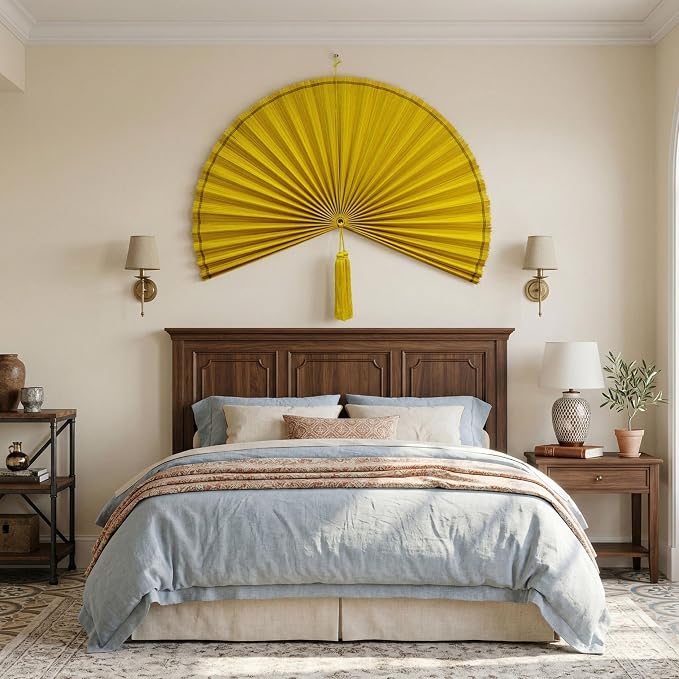 SUCHUBU Asian Bamboo Wall Fan, 40" Handwoven Decorative Fan, Large Japanese Wall Hanging, Farmhouse Bedroom Decor, Natural Woven Fiber Art, Easy to Mount Wall Pediment (Yellow, Medium)