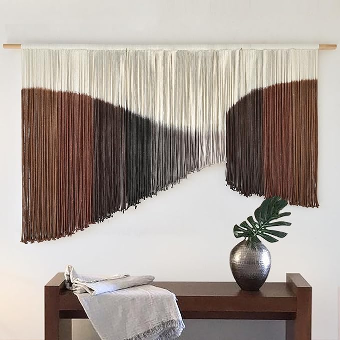 Jakalin Macrame Wall Hanging Geometric Dip Dyed Brown Red Dark Brown Boho Fiber Wall Decor for Living Room Art